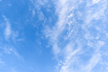 beautiful blue sky and white fluffy group of clouds with sunrise in the morning, natural background
