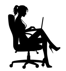 Silhouette woman with laptop, woman sitting on chair and work on notebook 