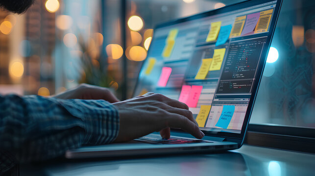 Business developer using Kanban board framework on laptop computer. Agile software development lean project management tool, project management, business development concept