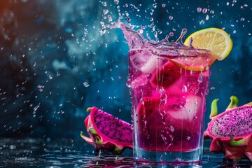dragon fruit juice in glass with splashes and lemon on dark background