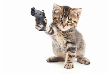 Obraz premium Kitten holding a toy gun on white background, humorous and playful.
