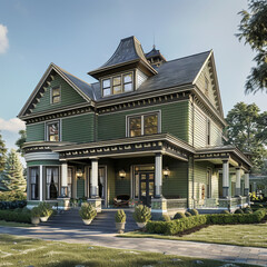 Fototapeta premium Olive green colonial house with classic design elements and a sprawling estate, in a prestigious suburban area.