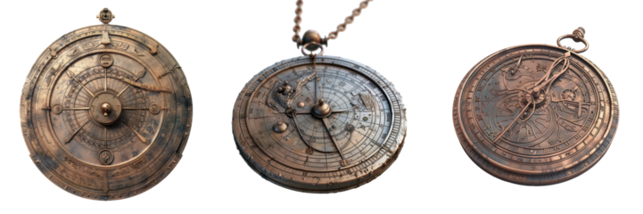 Antique Astrolabe Instrument 3D Render Set Isolated on Transparent or White Background, PNG
