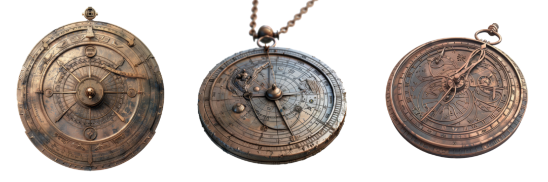 Antique Astrolabe Instrument 3D Render Set Isolated on Transparent or White Background, PNG