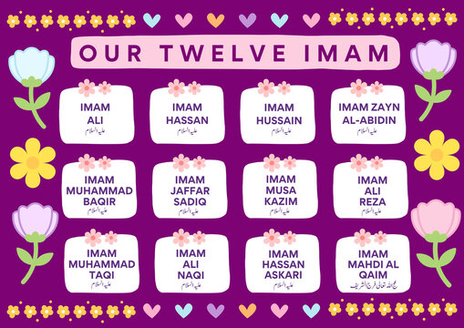 OUR TWELEVE IMAM names with mini colorful  flowers and hearts on purple background, islamic shia arts 