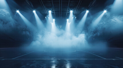 Naklejka premium Dynamic view of a basketball court in a stadium with bright lights and theatrical smoke effects