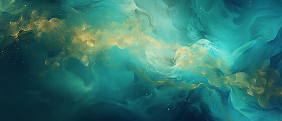 Fototapeta premium Various Stains and Overflows of Gold Particles in Green Gradient Abstract Background