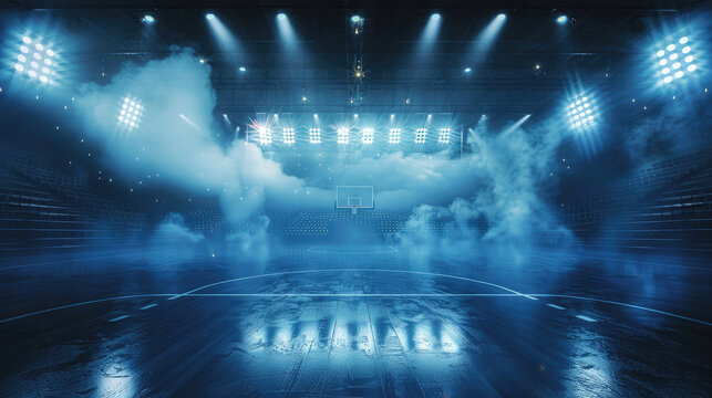 Dynamic view of a basketball court in a stadium with bright lights and theatrical smoke effects
