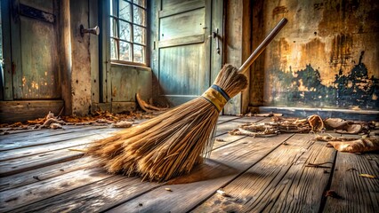 Vintage Broom On Wooden Floor With Leaves And Dust