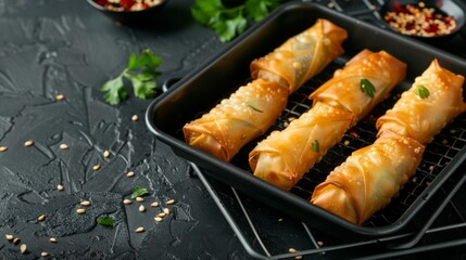 Homemade spring rolls baking in the air fryer, their wrappers turning crispy and golden