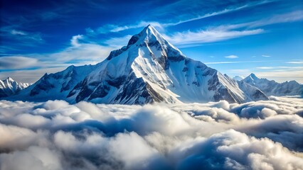 Snow-Covered Mountain Towering Above Clouds with Striking Blue Sky Backdrop