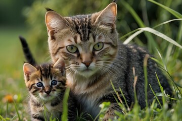 cat and baby on grass
