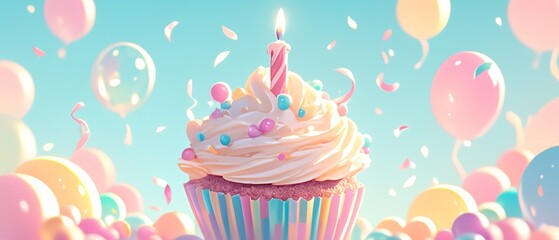 A pastel delight for the sweet tooth emerges, as a birthday cupcake, delicately frosted and topped with a lit candle