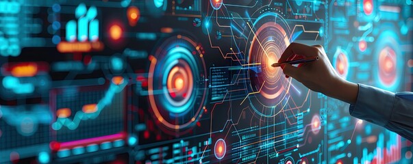 A hand writing Customer Insights on a whiteboard with a futuristic tech backdrop