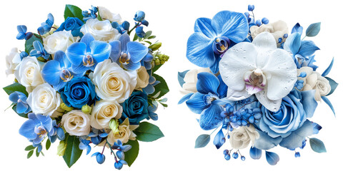Blue and White Orchid and Rose Flowers Bouquet Set Isolated on Transparent or White Background, PNG
