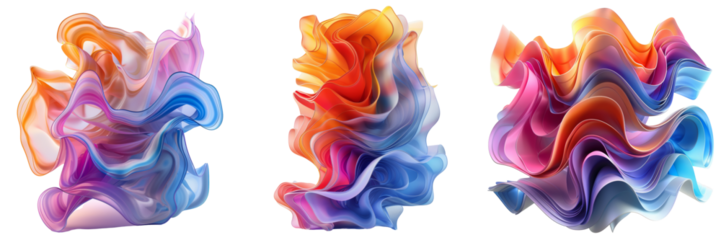 Abstract Colorful Wavy Shape 3D Render Set Isolated on Transparent or White Background, PNG