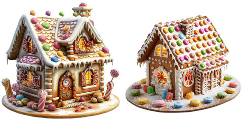 Obraz premium Colorful Candies Decorated Gingerbread House Isolated on Transparent or White Background, PNG