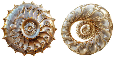 Golden Fibonacci Spiral 3D Render Set Isolated on Transparent or White Background, PNG