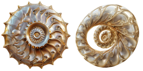 Golden Fibonacci Spiral 3D Render Set Isolated on Transparent or White Background, PNG