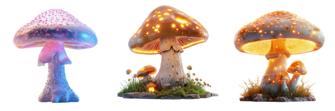 Giant Luminous Mushroom 3D Render Set Isolated on Transparent or White Background, PNG - Powered by Adobe