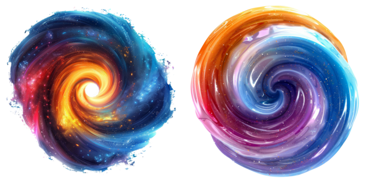 Colorful Swirling Galaxy 3D Render Set Isolated on Transparent or White Background, PNG