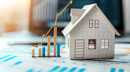 Financial growth concept with house model and ascending arrow chart