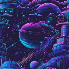 Digital art of a neon astronomy scene featuring a futuristic space observatory surrounded by glowing stars and planets, perfect for sci-fi book covers and modern space-themed illustrations