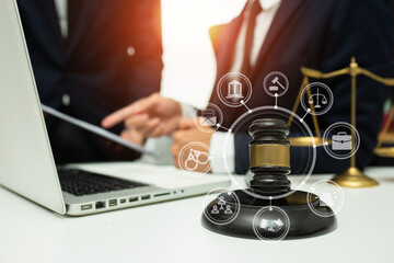 team meeting.businessman discussing legal legislation at law firm. judge gavel 