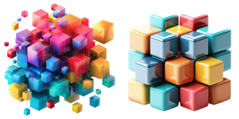 Connected Colorful Cubes 3D Concept Set Isolated on Transparent or White Background, PNG