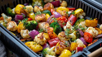Vegetables arranged in the air fryer basket, roasting to perfection with just a hint of olive oil