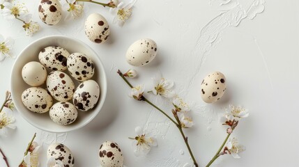 Obraz premium Organic farm quail eggs with spring blooms on the white ceramic surface Easter celebration concept from above Room for text