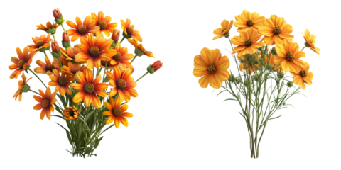 Coreopsis Flower Bouquet Set Isolated on Transparent or White Background, PNG