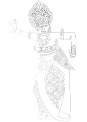 Black and white one line drawing of Pendet Balinese Dancer.