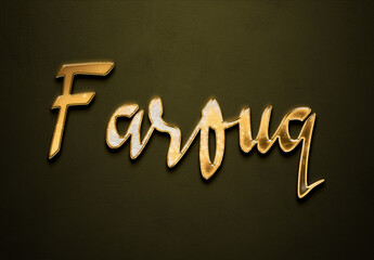 Old gold text effect of name Farouq with 3D glossy style Mockup.