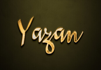Old gold text effect of name Yazan with 3D glossy style Mockup.