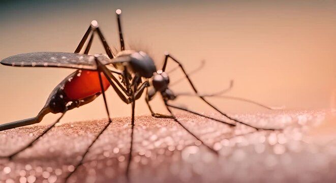 Macro shot of a mosquito feeding on human skin, showcasing its detailed anatomy and the texture of the skin surface in close-up.