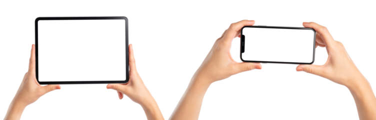 Hand holding the black smartphone and tablet with blank screen isolated on white background, clipping path.