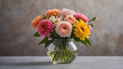 Obraz premium bouquet of vivid color flowers in a glass vase with simple background