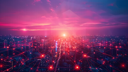 Smart city and abstract polygon pattern connection with speed line light