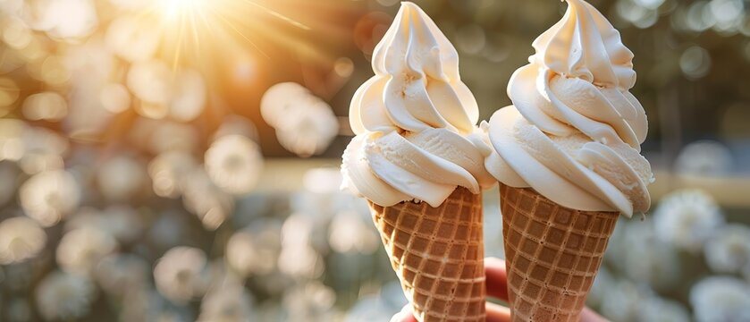 Two soft serve ice cream cones in waffle cones.