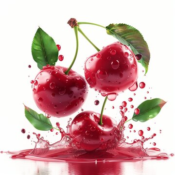 Vibrant red morello cherries splash into juice, isolated on a white background. Concept of the summer fruits photography.
