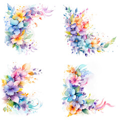 A set of four watercolor clipart illustrations featuring colorful pastel flowers in corner arrangements on a white background
