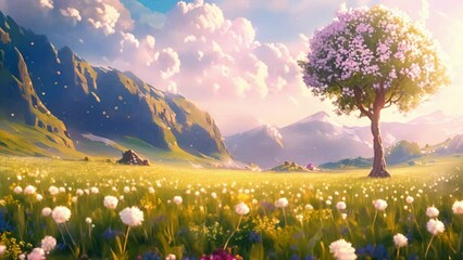 A serene meadow dotted with puffs of wishes waiting to be sent off into the world.