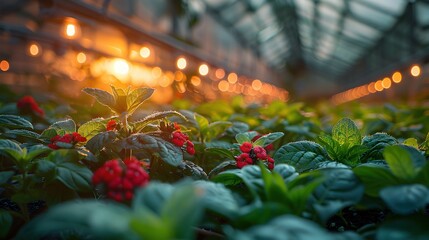 Fototapeta premium Solar-powered Smart Greenhouse with Lush Plants and Twilight Ambiance