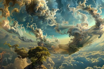 Enchanting surreal dreamscape with swirling clouds, floating islands, and shifting landscapes