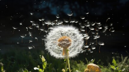 Photograph of a dandelion releasing its seeds into the air, each seed enveloped in a tiny bubble
