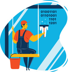 Illustration cleaning up information in binary code by cleaning services