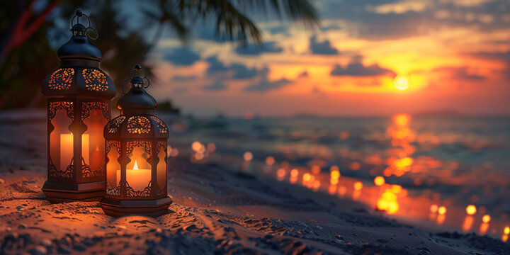 Landscape with glowing lanterns on the beach in the evening, a festive greeting card or invitation for Muslim holy month celebrations.
