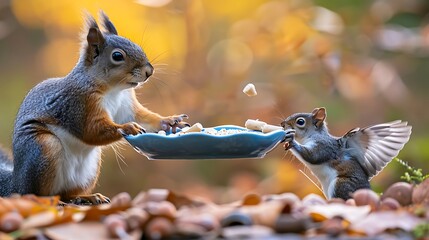 Cute sneaky squirrel stealing birds food