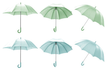 Obraz premium 2 Set of pastel green turquoise canopy umbrella parasol brolly, on transparent cutout PNG file. Many assorted different angles. Mockup template for artwork design